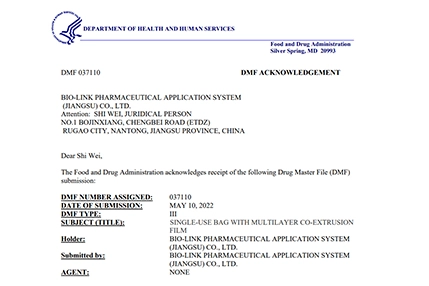 Bio-link's Single-use Bags Pass The DMF Filing